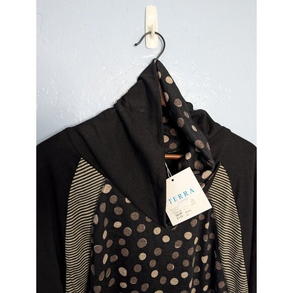 Terra SJ Apparel XL Long-Sleeve Cowl Neck Tunic Top Polka Dot Stripe Print Black - Picture 7 of 10